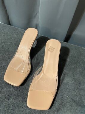 Nude Clear Strap Mule Heels with Transparent Block Heel